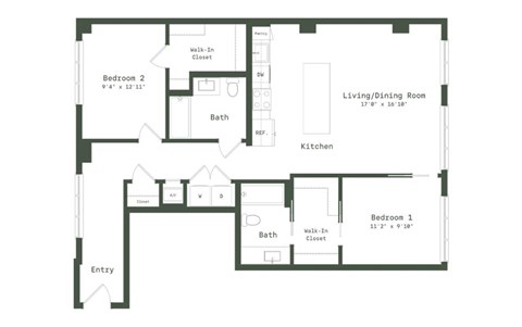 Floor plan for 2 beds, 2 baths, 1185 sqft